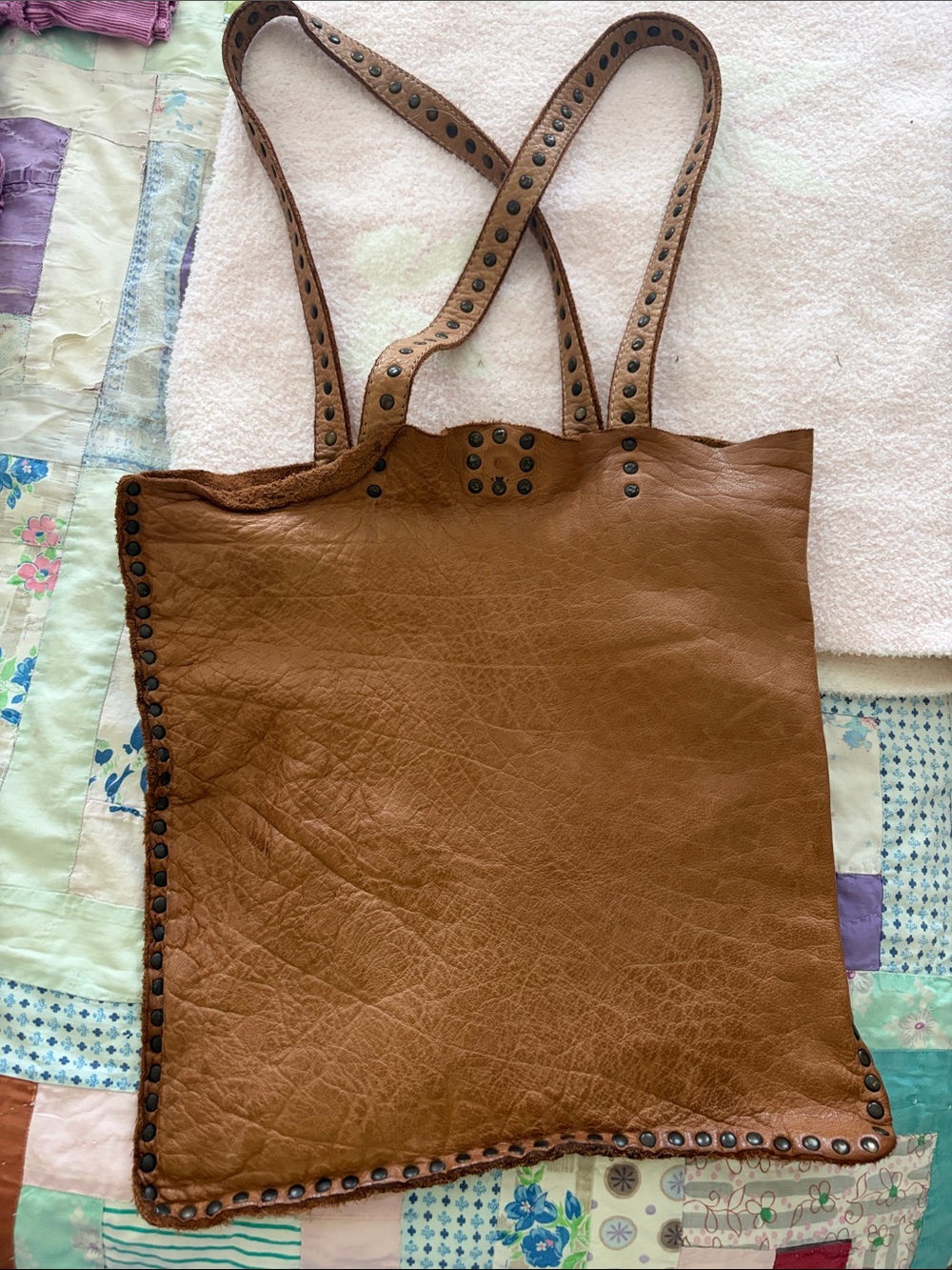 Leather Studded Tote Bag in Brown